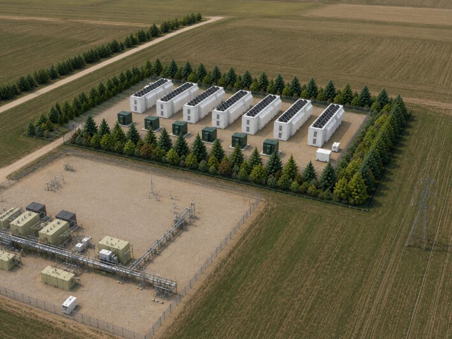 Conceptual oblique view of the proposed Gayford Facility with surrounding farmland and perimeter planting